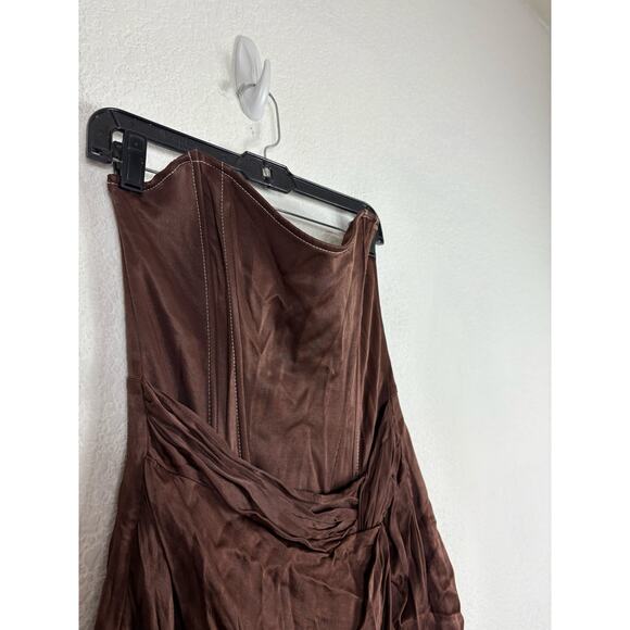 Zara Brown TopStitch Strapless Satin Draped Mini Dress Size Large Corset Bustier - Picture 8 of 15